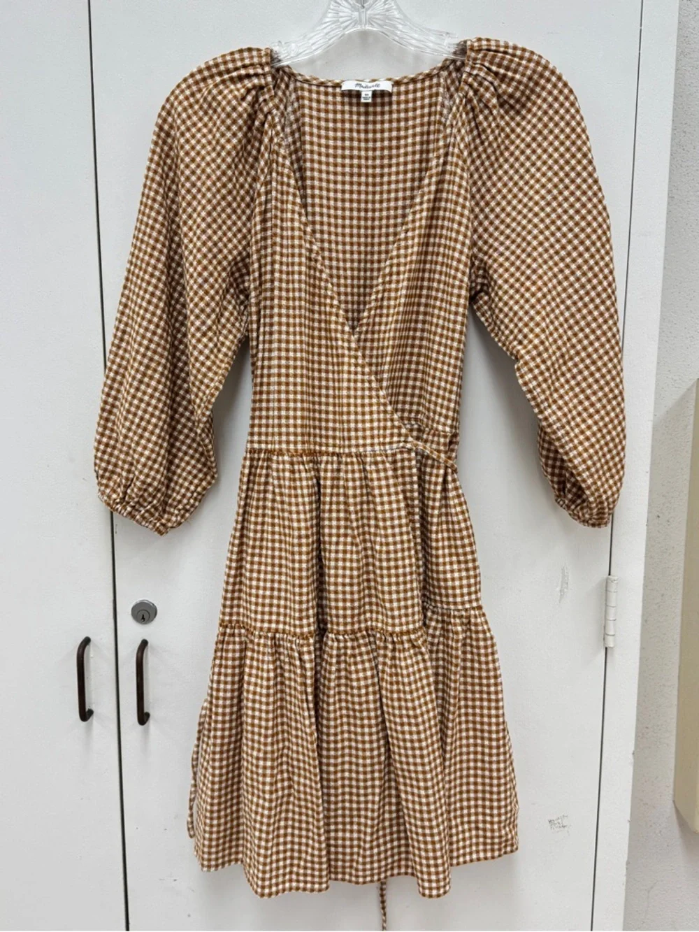 Madewell Gingham Puff Sleeve Wrap Dress Size XS Rust/Brown Cottagecore Feminine